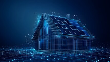 Aufkleber - Futuristic house design with solar panels and a glowing wireframe structure. Highlighting sustainable energy and innovative architecture. Abstract wireframe in dark blue.