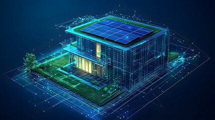Aufkleber - Futuristic house rendering featuring solar panels, glass walls, and glowing interiors amidst lush greenery. A high-tech blueprint overlay connects everything. Abstract wireframe in dark blue.