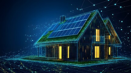 Aufkleber - Digital house with blue solar panels, green vegetation, and glowing windows set against a deep blue background with interconnected dots. Data network concept. Abstract wireframe in dark blue.