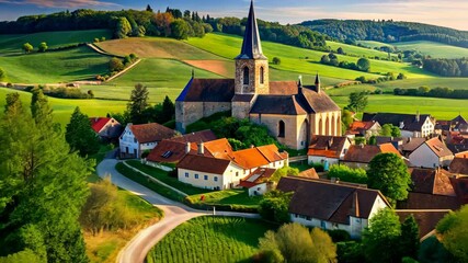 Poster - Serene countryside village nestled amidst rolling hills and lush greenery