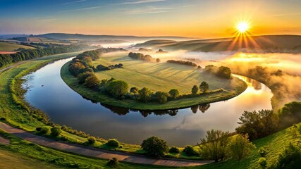 Poster - Sunrise over a Serene Riverbend with Lush Green Fields and Rolling Hills