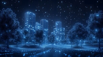 Poster - Futuristic city park at night featuring high-rise wireframe buildings with glowing windows. Ethereal trees and undulating ground bathed in blue light. Stars above. Abstract wireframe in dark blue.