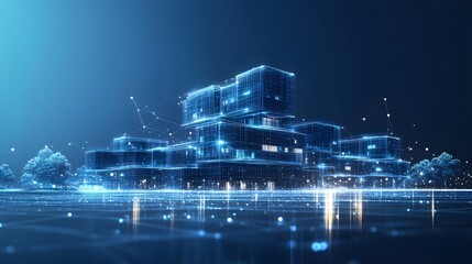 Aufkleber - Futuristic cityscape glows with neon-blue light against a dark backdrop. Wireframe buildings and reflective ground create a mesmerizing, digital world. Abstract wireframe in dark blue
