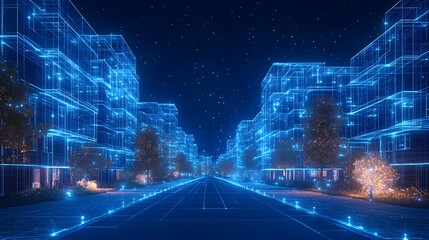 Poster - Futuristic city at night showcases wireframe buildings, luminous streets, and star-speckled skies. Organic trees blend with technological lines. Dreamlike ambiance. Abstract wireframe in dark blue.