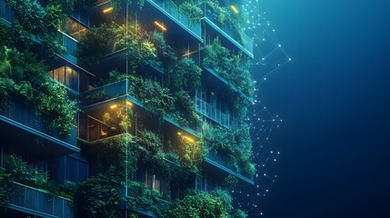 Poster - Modern building facade featuring lush greenery on balconies. A beautiful contrast of organic nature and architectural design, enhanced by warm lighting. Abstract wireframe in dark blue.