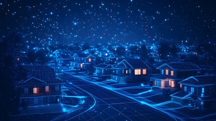 Aufkleber - A futuristic neighborhood glows with warm window light against a cool, wireframe backdrop. Roads and trees are stylized in digital lines, creating a captivating scene. Abstract wireframe in dark blue.