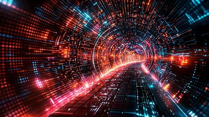 Wall Mural - Vibrant Digital Tunnel with Glowing Lights and Matrix Patterns