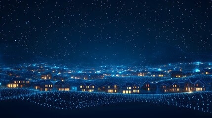 Aufkleber - Night scene featuring houses under a starlit sky, overlaid with a luminous blue digital network symbolizing connectivity and modern infrastructure. Abstract wireframe in dark blue.