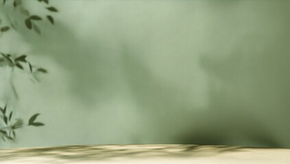 Poster - Minimalist green background with soft plant shadows and light, natural textures, creating a calm and serene atmosphere.