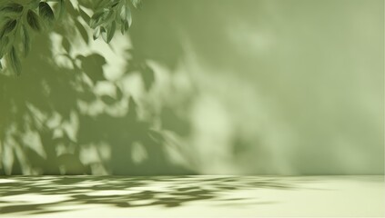 Poster - Green leaves and their soft shadows are cast on a plain, light green wall, creating a calm and natural atmosphere.