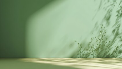 Poster - Minimalist green wall with plant shadows cast by sunlight, creating a serene and natural atmosphere.