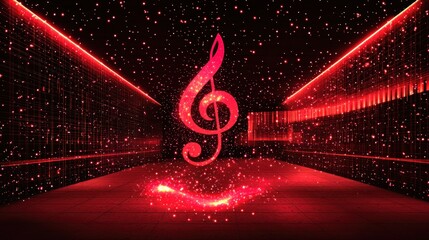 Poster - Glowing Treble Clef in a Red Digital Corridor