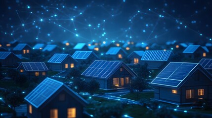 Poster - Night scene of an eco-friendly neighborhood with solar panels and glowing blue road lines. A futuristic network of blue lights illuminates the sky. Abstract wireframe in dark blue