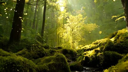 Wall Mural - Golden sun rays stream through the dense forest canopy, illuminating the trees