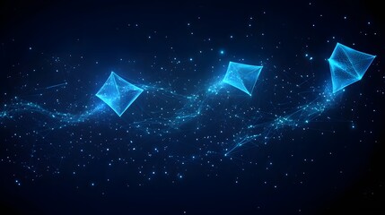 Poster - Futuristic network design with interconnected diamond wireframes against a starlit dark blue backdrop. Perfect for technology, innovation or digital themes. Abstract wireframe in dark blue