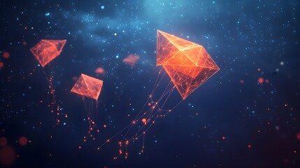 Poster - Three vibrant orange, kite-like geometric shapes float gracefully in a star-studded dark blue cosmos. Connected by tails, they evoke a dreamlike, abstract wireframe in dark blue.