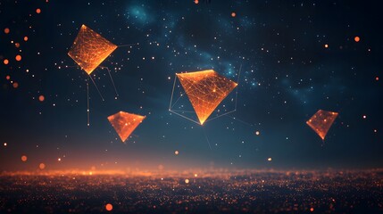 Poster - Glowing geometric pyramids float in a star-filled sky, blending technology and fantasy. Orange wireframes and blurred landscapes create a futuristic, ethereal scene. Abstract wireframe in dark blue