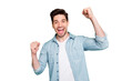 © deagreez - Photo of handsome screaming shouting crazy man rejoicing about his victory at local contests isolated over green color vivid background