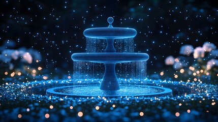 Poster - A mesmerizing wireframe fountain glows blue, water cascading down its tiered levels. Sparkling orbs create a magical, dreamy ambiance. Perfect for fantasy themes. Abstract wireframe in dark blue.