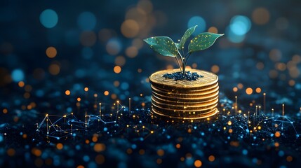 Leinwandbilder - Gold coins stacked with a green plant symbolize financial growth against a dark backdrop. Bokeh lights and geometric lines evoke technology and investment. Abstract wireframe in dark blue.