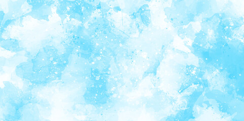 Wall Mural - Beautiful watercolor background of snow floating into air randomly, light blue bokeh background for wallpaper, invitation, cover and design, Abstract light blur defocused blue background with bokeh.