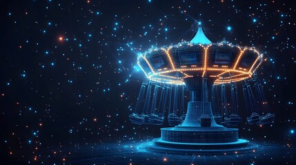 Leinwandbilder - Futuristic swing carousel under a starry night. Wireframe design with glowing lines, blending fairground fun with technology. Great for entertainment concepts. Abstract wireframe in dark blue