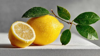 Aufkleber - Fresh lemons with leaves and water droplets for healthy lifestyle concept