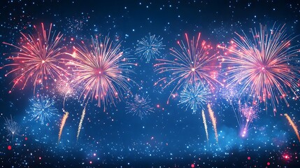 Poster - A dazzling night sky illuminates with radiant fireworks. Red and blue bursts explode among twinkling stars, creating a festive atmosphere, Abstract wireframe in dark blue.