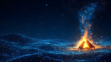 Fototapete - Stylized campfire glows beneath a starry night sky. Terrain resembles an interconnected network with vibrant nodes. Embers rise like a nebula. Abstract wireframe in dark blue