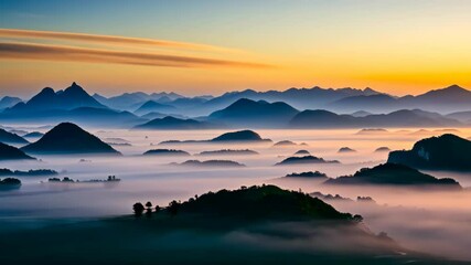 Poster - Sunrise over a mystical mountain range with a sea of clouds