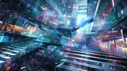 Poster - Abstract digital shape and particle technological cyber style design connecting become system shape of electronic designing. High tech scenery express mysterious pattern perfect for wallpaper. AIG53.