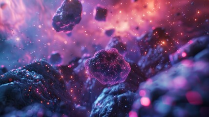 Poster - Abstract colorful meteorites with a glowing nebula background. Abstract image of stone floating in the space with glowing neon sky, planet and smoke. Digital artwork for design and print. AIG53.