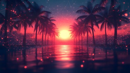Aufkleber - Tropical sunset framed by palm trees, bathed in golden light. A digital red network overlays the serene scene, creating a contrast between nature and technology. Abstract wireframe in dark blue.