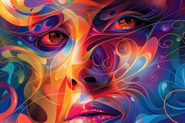 Poster - Digital artwork of a woman face with abstract lines and neon colors. Futuristic and modern artwork design. Background image of woman portrait staring at camera with vibrant colorful color. AIG51.