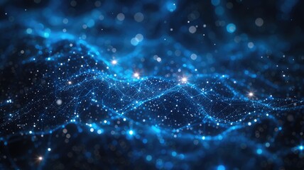Poster - Abstract artwork of blue digital network with glowing particles. Digital artwork of glowing blue dots connecting together. Cyber system. Technology innovation and connectivity concept. AIG53.