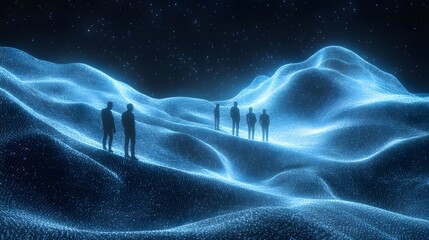 Aufkleber - Silhouetted figures populate a glowing digital world, a wireframe mesh of hills under a starry sky. Depth is created by figure placement. Abstract wireframe in dark blue.