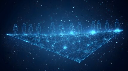Aufkleber - Futuristic scene with glowing blue polygonal structure and abstract human figures on a platform. A digital representation of a team in a virtual space. Abstract wireframe in dark blue.