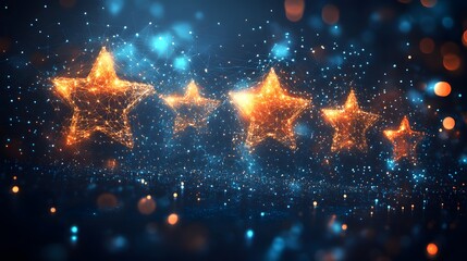 Aufkleber - Five glowing stars, a mesmerizing wireframe design against a dark backdrop, offer a modern and abstract feel. The blue and orange bokeh adds depth. Abstract wireframe in dark blue.