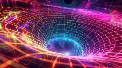 Poster - Abstract digital image of a colorful vortex with grid patterns on a dark background. Digital artwork of portal with vibrant color. Teleport. Futuristic and technology concept for art design. AIG53.