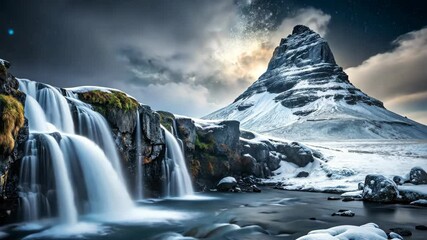 Poster - Serene Waterfall Cascades Beneath a Majestic Snow-Capped Peak Under a Starry Sky