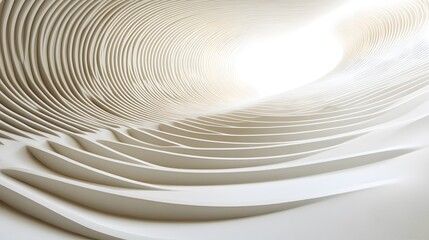 Poster - Abstract 3D rendering of a white, undulating structure.  Layers create a sense of depth and movement, leading towards a bright light source.