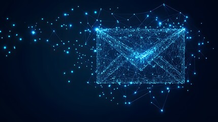 Aufkleber - Neon blue envelope crafted from interconnected dots and lines against a dark navy backdrop represents modern digital communication. Abstract wireframe in dark blue.