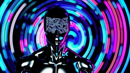 Poster - chrome mannequin immersing in virtual reality, enveloped by vibrant glowing circles and creating a f