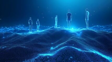 Aufkleber - A digital blue landscape evokes a futuristic, abstract scene. Human-like figures stand on a dotted terrain against a gradient backdrop. Abstract wireframe in dark blue