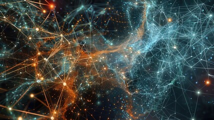 Poster - Dynamic abstract visualization showcasing connections in data and artificial intelligence, featuring vibrant colors and modern design elements for technology themes.