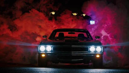 Wall Mural - powerful vintage car with bright headlights emerging from a cloud of vibrant green and pink smoke, c