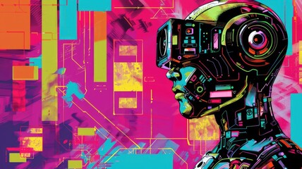 Poster - Explore a vibrant and colorful illustration depicting a futuristic character immersed in virtual reality, showcasing technology's creative potential and innovative spirit.