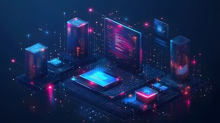 Aufkleber - Futuristic digital network with glowing cubes, screens displaying code, and interconnected lines representing data pathways. A central processing unit glows brightly. Abstract wireframe in dark blue.