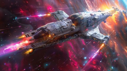 Poster - Experience a stunning angular spaceship navigating through a vibrant cosmic vortex, illuminated by intense colors and dynamic light. A captivating scene of space adventure and exploration.