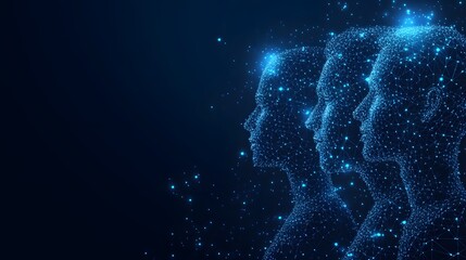 Aufkleber - Three interconnected human profiles glow against a dark blue gradient. Digital wireframes form ethereal heads, surrounded by luminous dots. Abstract wireframe in dark blue.